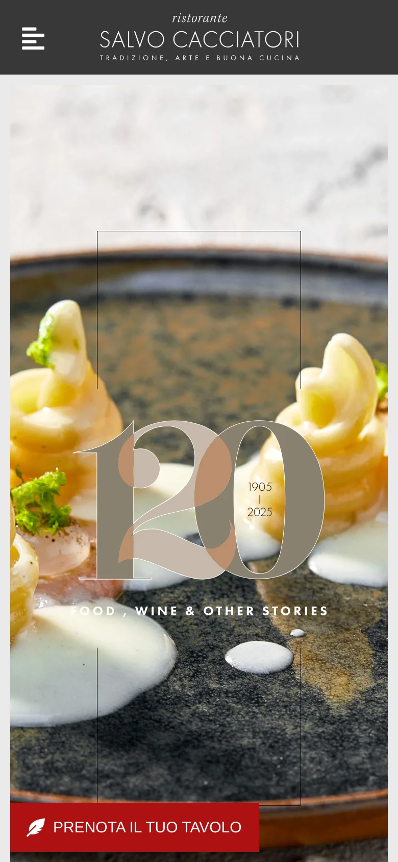 The mobile version presents a vertically oriented view of the hero food imagery, with the '120' anniversary graphic centered. The header is simplified to a hamburger menu icon on the left and the restaurant logo, while the red booking button remains fixed at the bottom of the screen.