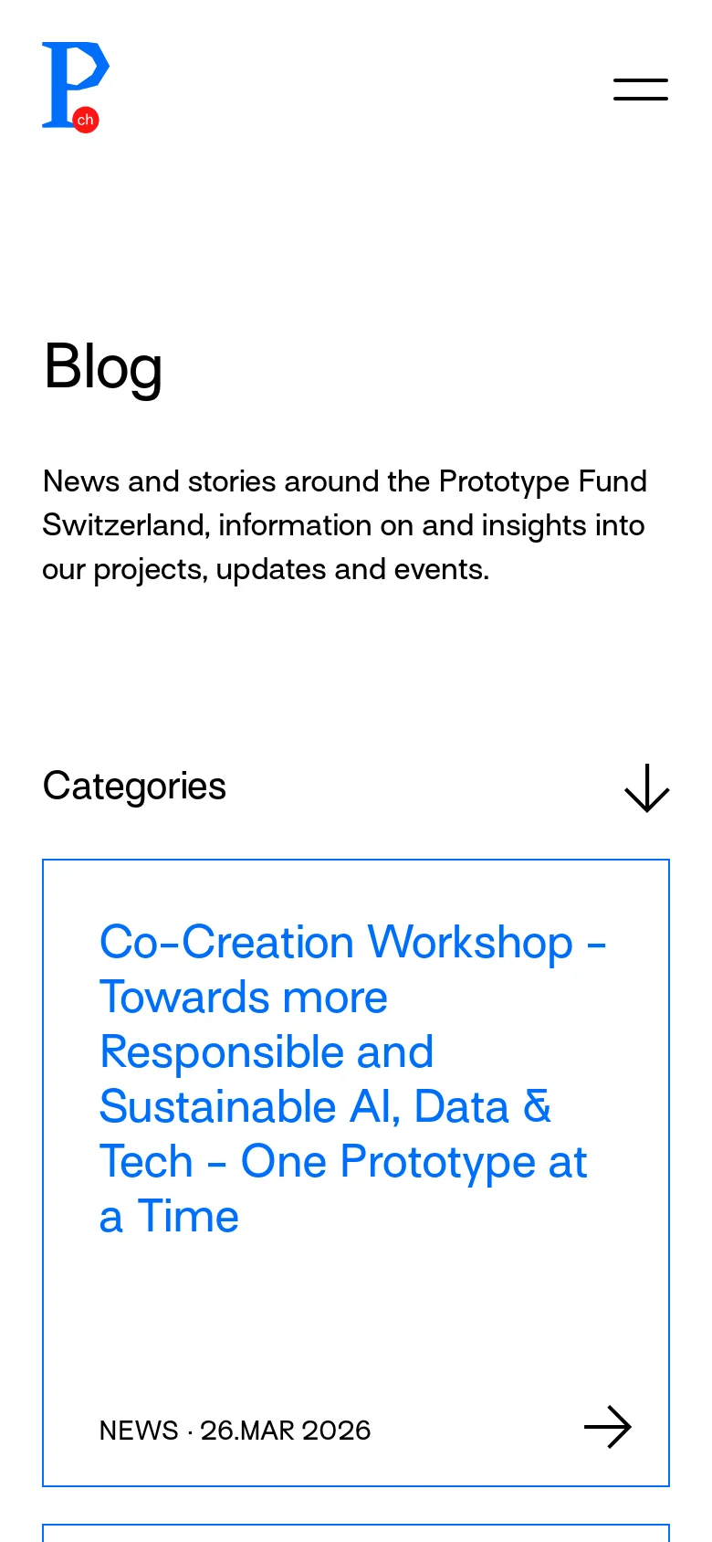 The mobile version simplifies the layout into a single-column vertical stack. The navigation is replaced by a hamburger menu icon, and the blog post cards expand to fill the width of the screen, making the headlines and dates easier to read on a smaller device.