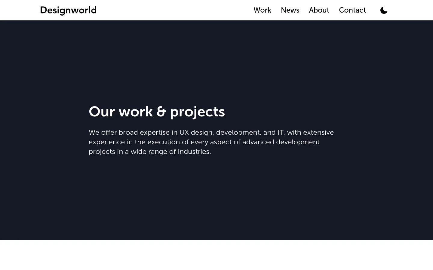 The desktop page features a dark navy hero section with the headline 'Our work & projects' and a brief introductory paragraph. Below the hero, a grid of project cards displays large images with descriptive titles, such as 'Headless e-commerce for Reijmyre Glassworks'. The navigation bar at the top is white with black text and includes links for Work, News, About, and Contact.