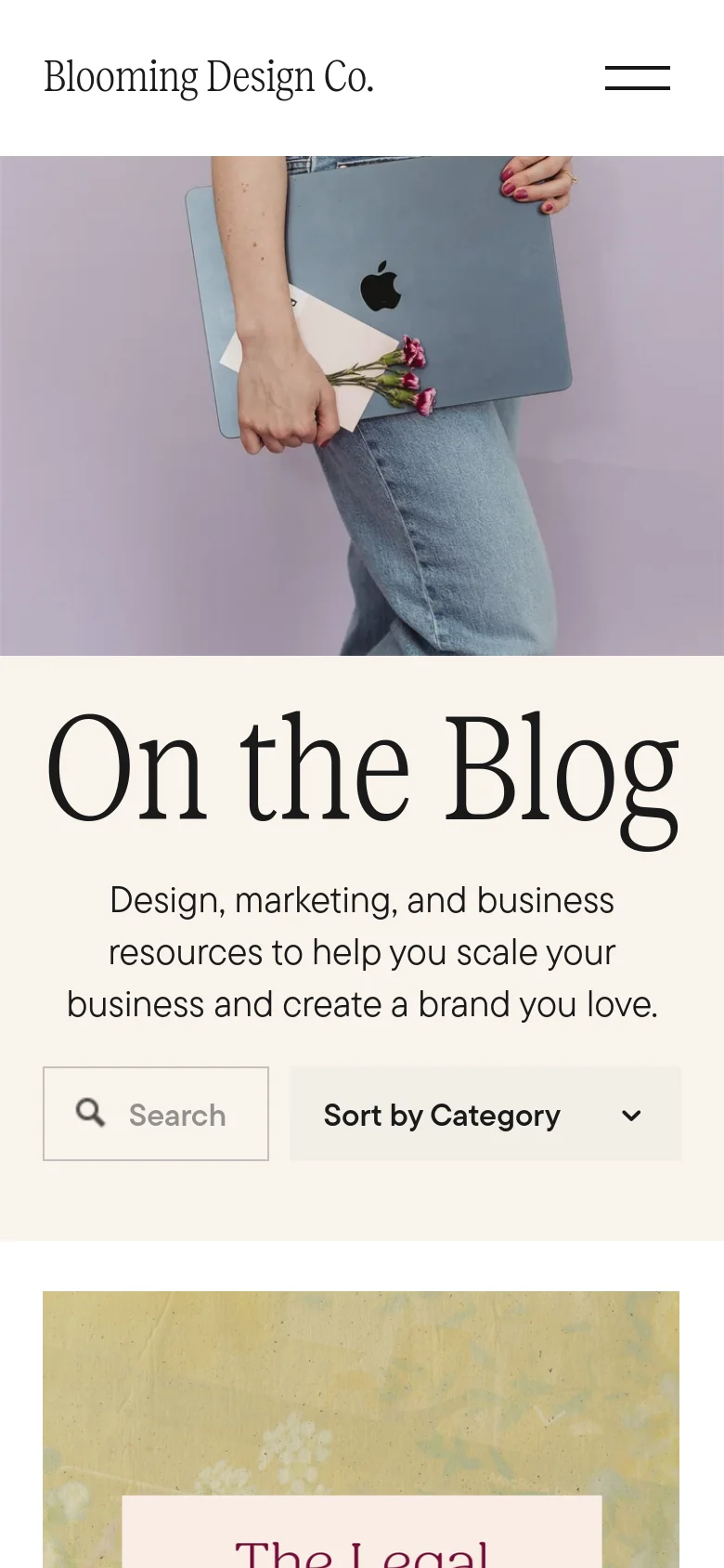The mobile version presents a stacked layout where the hero image of the person with a laptop appears above the 'On the Blog' headline and description. The search bar and category dropdown are centered below the text, and the blog post grid transitions into a single-column vertical scroll.