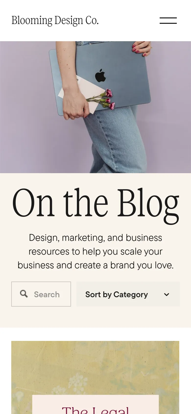 The mobile version presents a stacked layout where the hero image of the person with a laptop appears above the 'On the Blog' headline and description. The search bar and category dropdown are centered below the text, and the blog post grid transitions into a single-column vertical scroll.