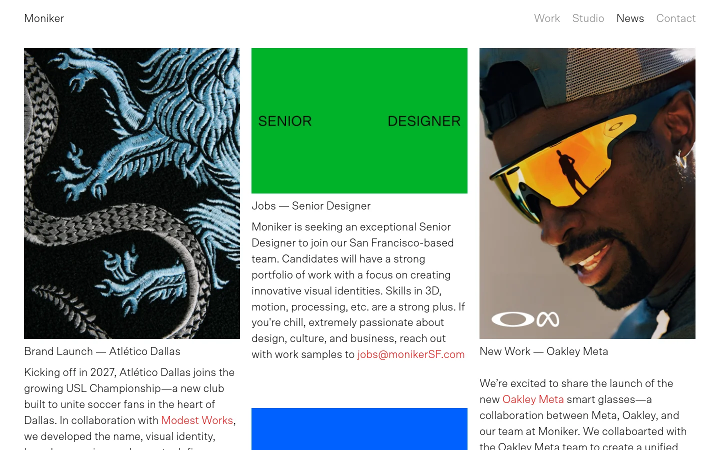 The desktop News page features a minimalist white background with a top navigation menu and a grid of large, high-impact imagery. Three vertical rectangular images sit above text sections for 'Brand Launch — Atlético Dallas', 'Jobs — Senior Designer', and 'New Work — Oakley Meta'. The layout uses bold typography and vibrant colors like bright green and deep blue within the imagery.
