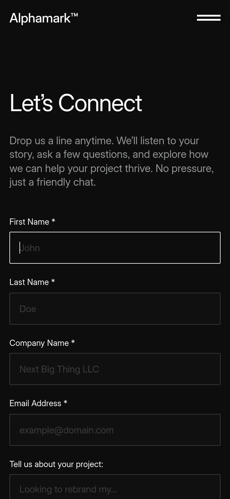 The mobile version maintains the dark theme and white typography but uses a single-column vertical layout. The 'Let's Connect' headline and introductory text are stacked above the contact form fields, which span the full width of the screen for easier tapping.