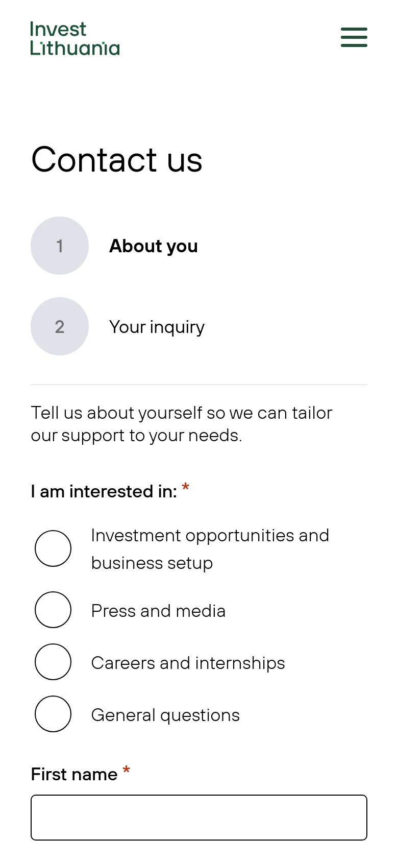 The mobile version uses a single-column vertical layout where the contact form is stacked above the contact information. The navigation menu is condensed into a hamburger icon at the top right, and the multi-step form indicators appear as large circular numbers above the form fields.