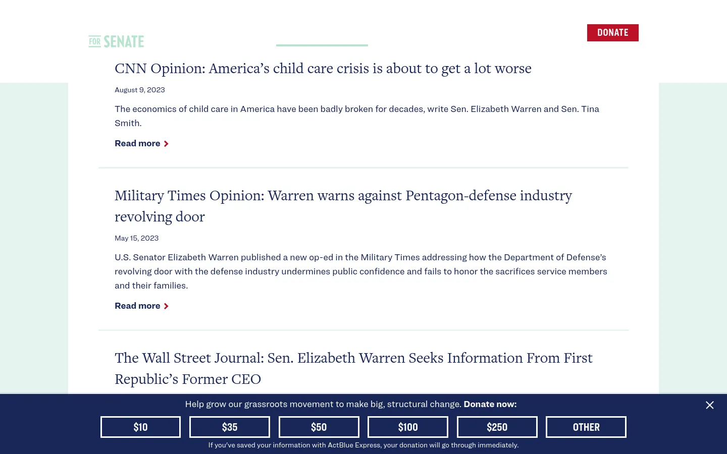 The desktop News page features a clean, white background with a light blue side margin. A header contains the 'For Senate' logo and a red 'Donate' button, followed by a vertical list of news articles with headlines, dates, summaries, and red 'Read more' links. A dark blue donation banner at the bottom offers various preset amounts like $10 and $35.