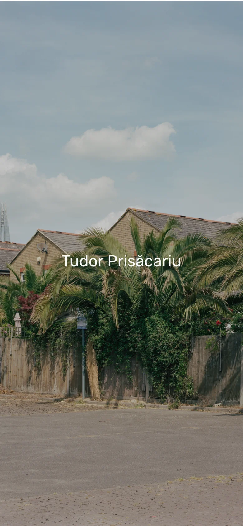 The mobile version presents a full-screen photographic background with the name 'Tudor Prisăcariu' centered in white text. The navigation and biographical content are hidden behind a menu overlay, which is indicated by a close icon at the top left of the yellow screen.