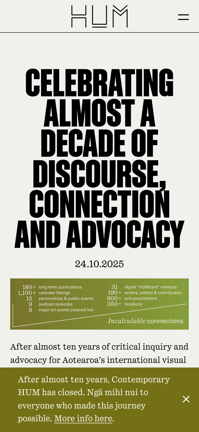 The mobile version presents a simplified, single-column layout with the large bold headline dominating the top of the screen. The green statistics banner is positioned below the headline, and a prominent olive-green notification bar at the bottom announces the organization's closure with a link for more information.