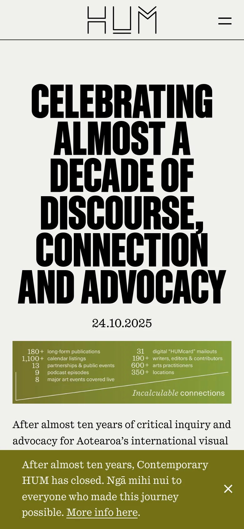 The mobile version presents a simplified, single-column layout with the large bold headline dominating the top of the screen. The green statistics banner is positioned below the headline, and a prominent olive-green notification bar at the bottom announces the organization's closure with a link for more information.