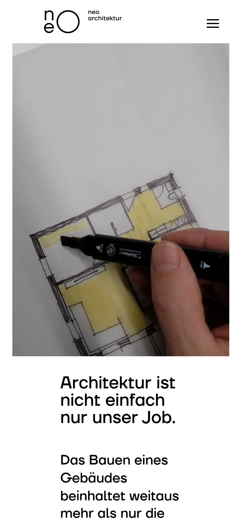 The mobile version maintains the minimalist white and black aesthetic but scales the content vertically. The hero image shows a close-up of a hand using a black marker to sketch an architectural floor plan, followed by the large headline and introductory text.