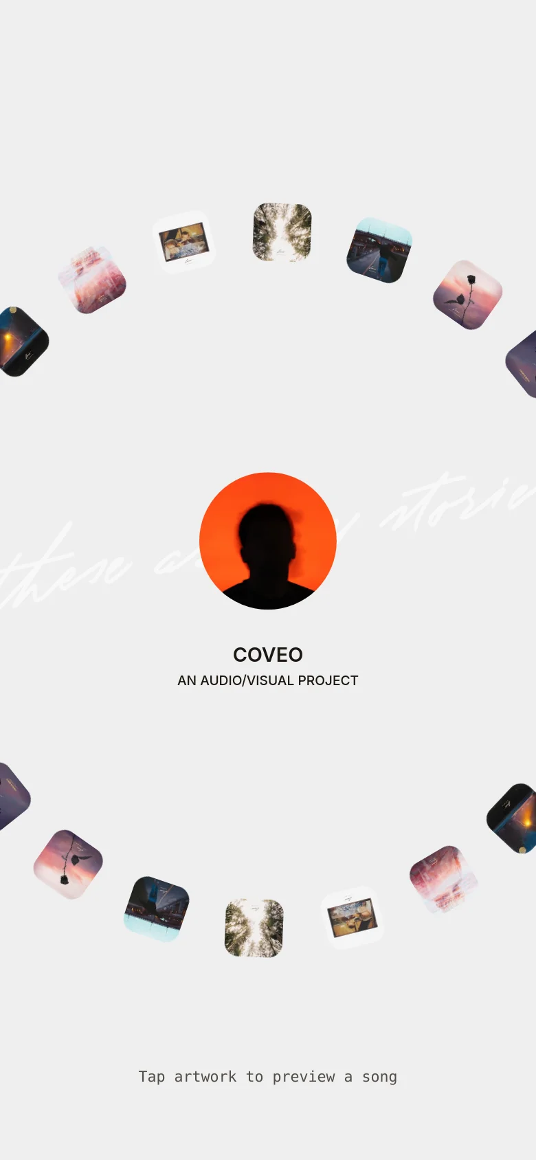 The mobile version maintains the minimalist aesthetic but rearranges the elements into a vertical stack. The circular silhouette profile and 'COVEO' branding are centered, with the floating square images forming a circular frame around the profile. A call to action at the bottom reads 'Tap artwork to preview a song' in a clean sans-serif font.