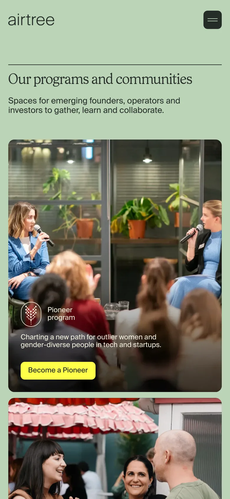 Airtree Ventures programs mobile page with a stacked layout on a sage green background. The hero headline and subtext appear at the top, followed by vertically arranged large-scale imagery and program cards for the Pioneer and Explorer initiatives.