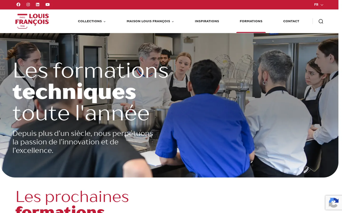 The desktop page features a large hero image of chefs working in a professional kitchen with white text overlaying the scene. Below the hero, the layout uses a clean white background with red and black typography to list upcoming technical training sessions, including course titles, dates, locations, and descriptions. A navigation bar at the top includes the Louis François logo, menu links, and a search icon.