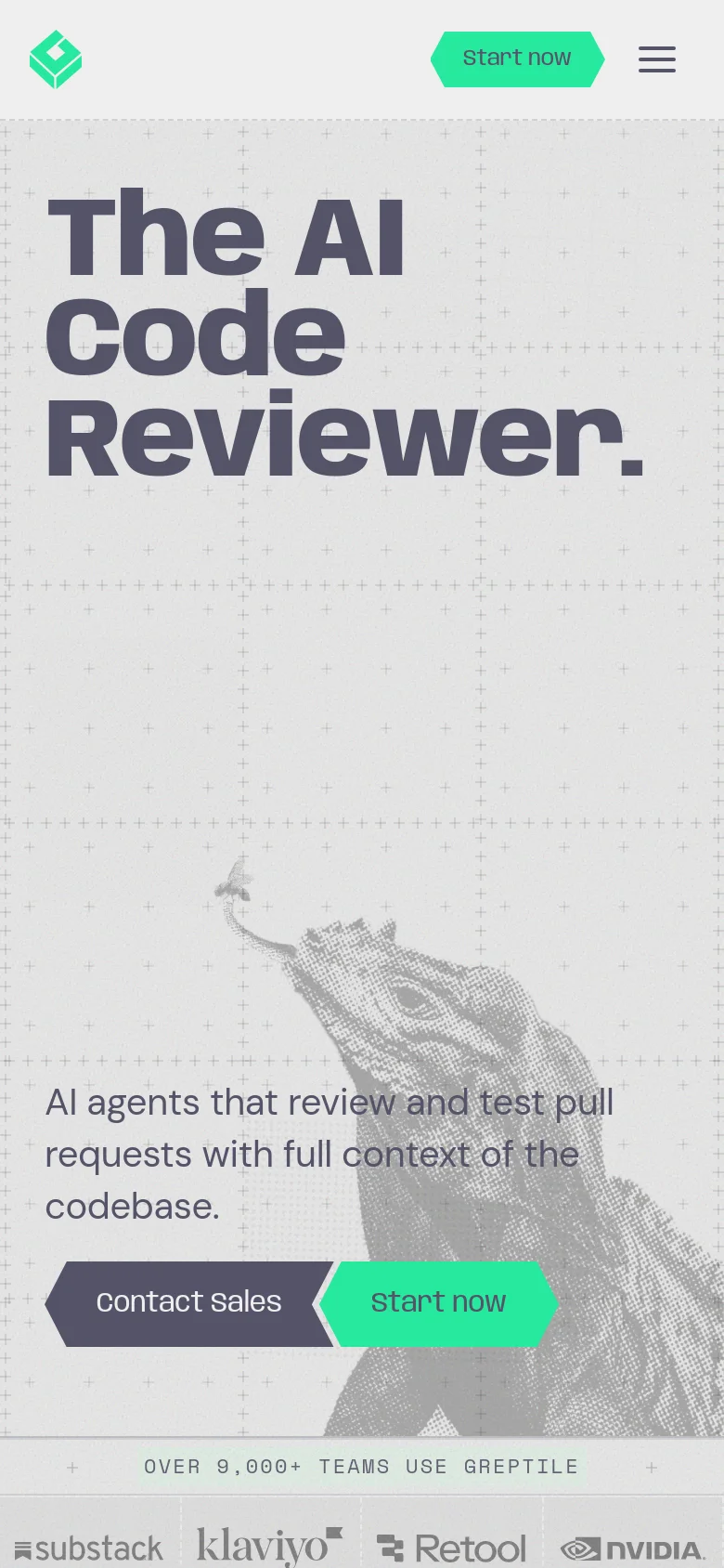 The mobile version presents a vertically stacked layout optimized for small screens, with the large 'The AI Code Reviewer' headline dominating the top. The halftone lizard imagery is repositioned to sit behind the text, and the primary 'Contact sales' and 'Start now' buttons are centered and enlarged for easy tapping. The top navigation is condensed into a hamburger menu icon next to a 'Start now' button.