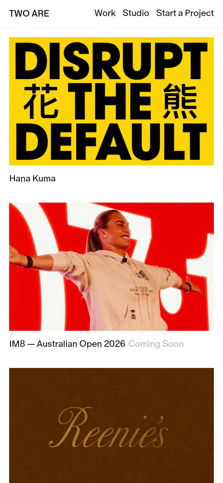The mobile version maintains the clean white aesthetic but stacks the project tiles in a single vertical column. The navigation menu is condensed, and the large project imagery and bold headlines span the full width of the screen.