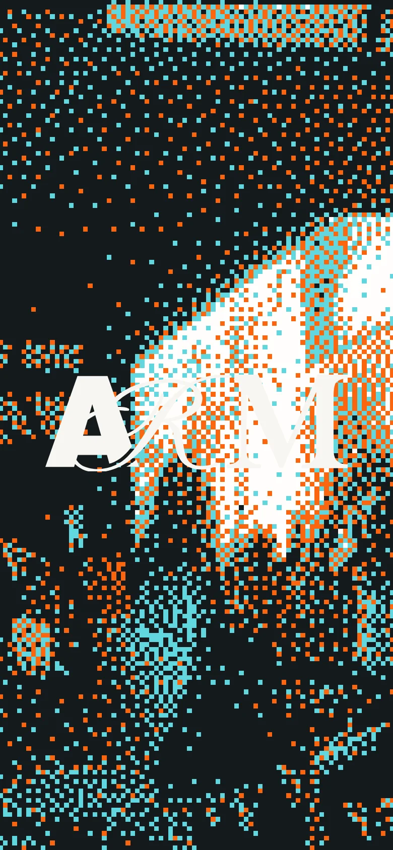 The mobile version maintains the dark theme but uses a more textured, pixelated background of orange and light blue squares over a black base. The 'ARM' logo is centered in white, appearing layered over the colorful digital pattern. The navigation is condensed into a hamburger menu icon at the top left.