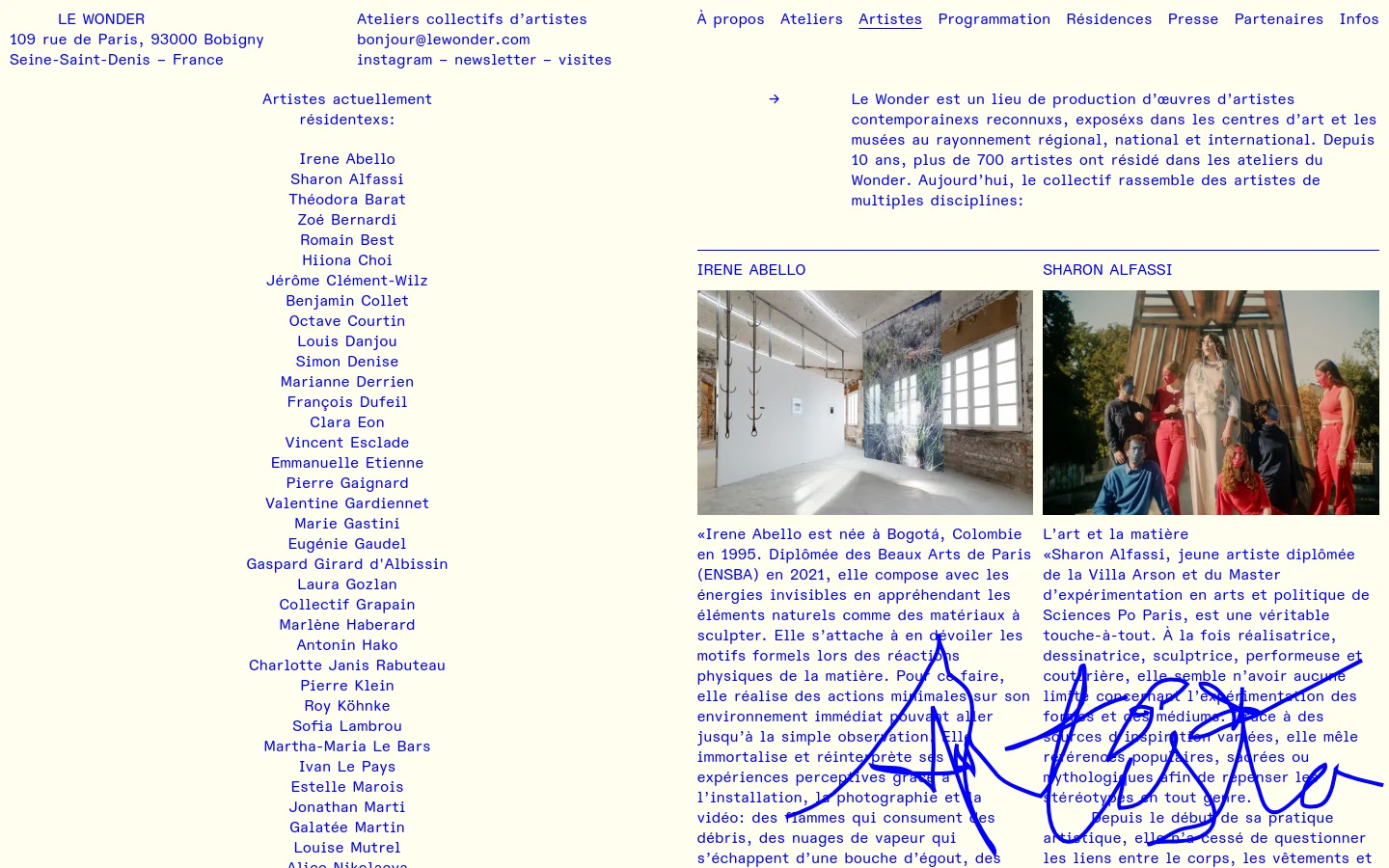 The desktop page features a minimalist design with a white background and blue text. A large heading 'Artistes actuellement résidentexs:' is followed by a long vertical list of artist names on the left, while the right side displays large profile sections for individual artists including their names, photos, and biographical text. The header includes the site name 'LE WONDER' and navigation links.