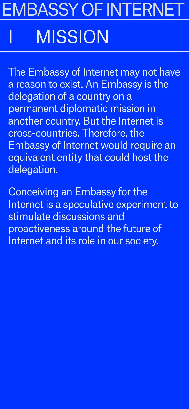 The mobile version maintains the high-contrast blue and white color scheme but uses a stacked layout. The header is simplified with 'MISSION' prominently displayed, and the body text is reflowed to fit the narrower screen width for easier vertical scrolling.