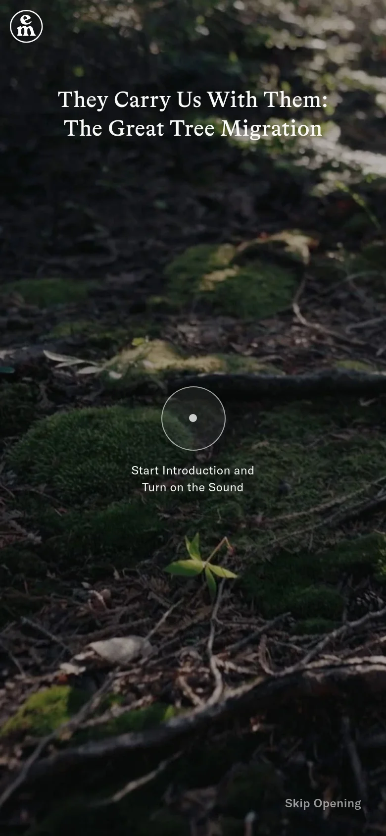 The mobile version displays a full-screen immersive background image of a mossy forest floor with sunlight filtering through. The title is centered in white serif text above a circular play button icon with the instruction 'Start Introduction and Turn on the Sound'.