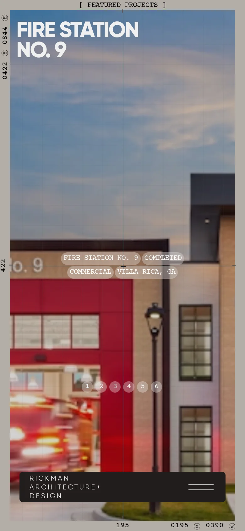 The mobile version presents a vertically oriented, cropped view of the Fire Station No. 9 hero image to fit narrow screens. The large white headline 'FIRE STATION NO. 9' is positioned at the top, and project details are centered in small white boxes over the image. A dark navigation bar with the company name is anchored at the bottom of the screen.