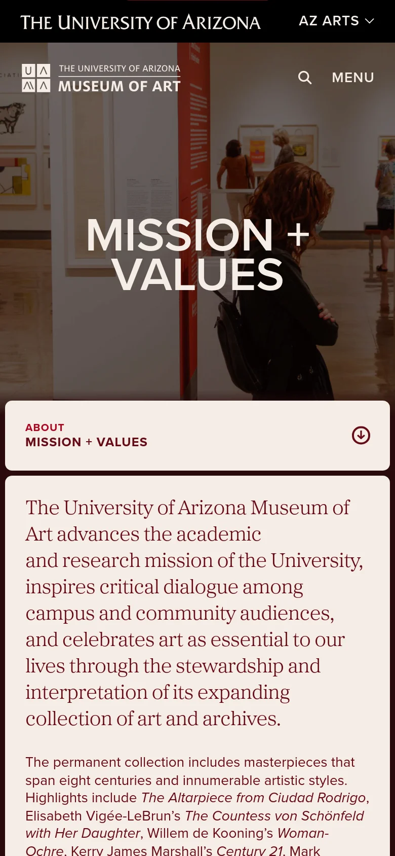 University of Arizona Museum of Art mobile view with a stacked layout. The hero section features the MISSION + VALUES headline over a gallery photograph, followed by a condensed white header with a hamburger menu and a prominent content card displaying the mission statement.
