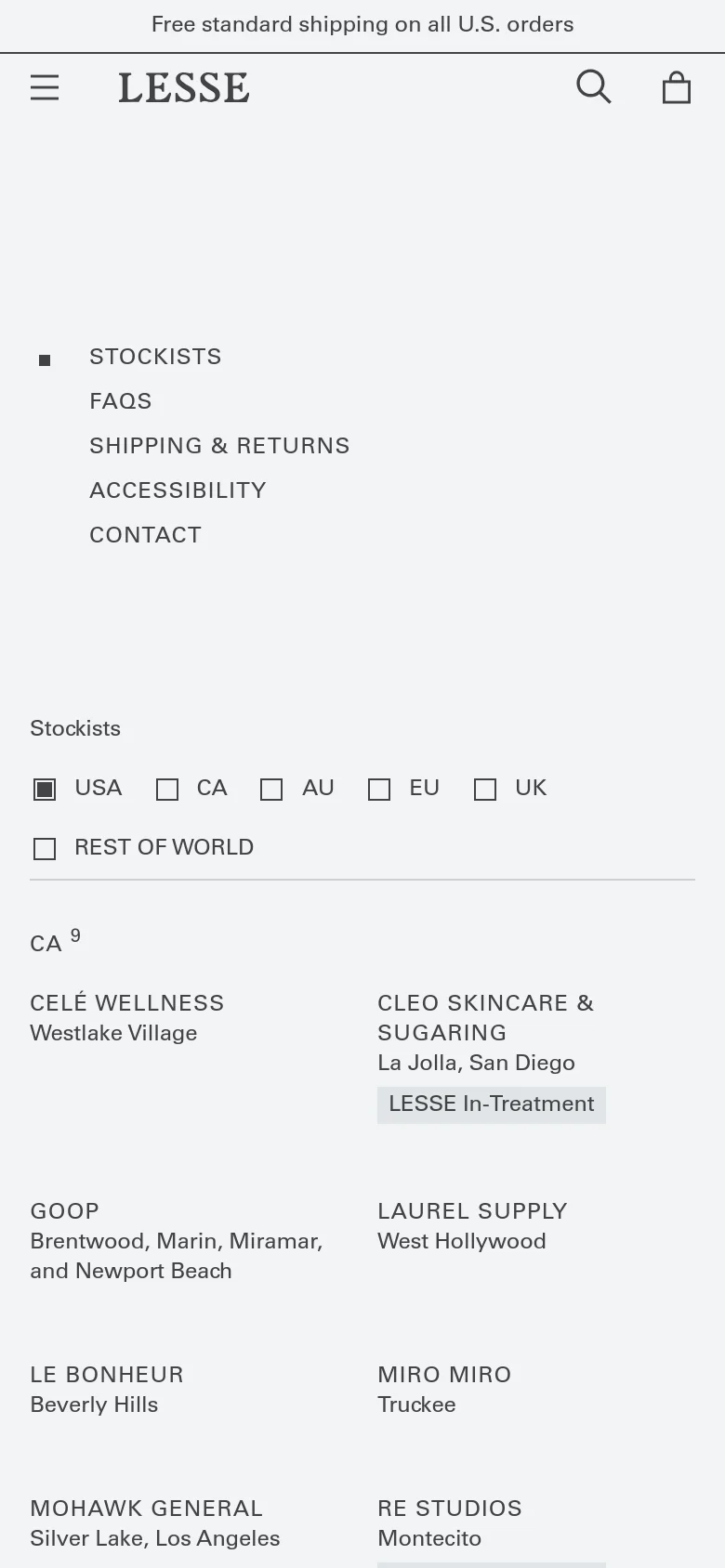 The mobile version presents a simplified, single-column layout optimized for vertical scrolling. The regional filters are stacked vertically with checkboxes, and the stockist list transitions from a multi-column grid to a single column of text, making the store names and locations easier to read on a small screen.