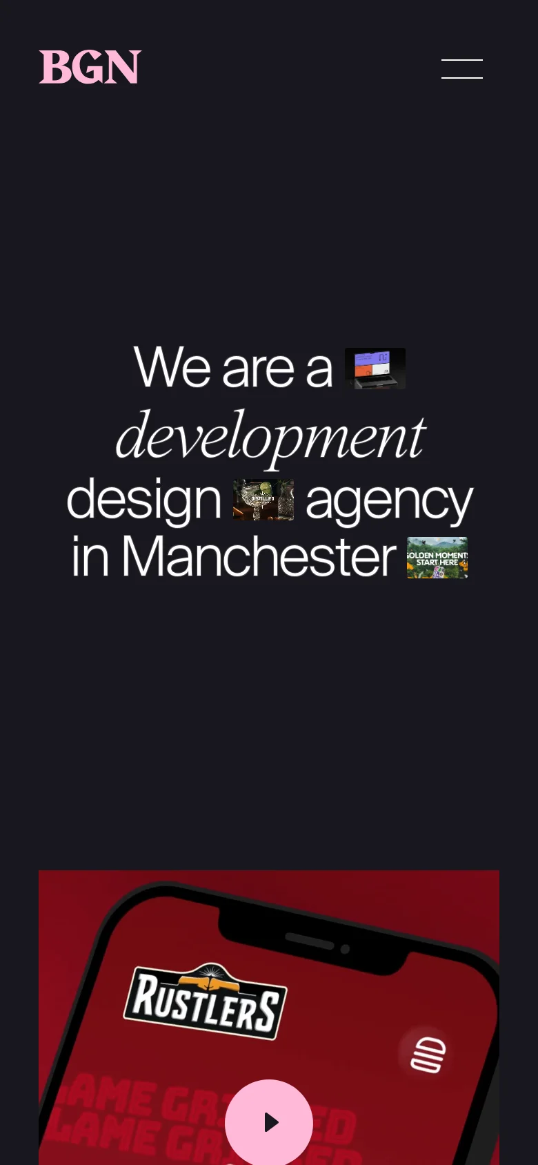 The mobile version maintains the dark theme and large white typography but uses a more centered, vertical stack for the text and project images. The top navigation is simplified to a hamburger menu icon next to the BGN logo, and a large project preview image appears at the bottom of the screen.