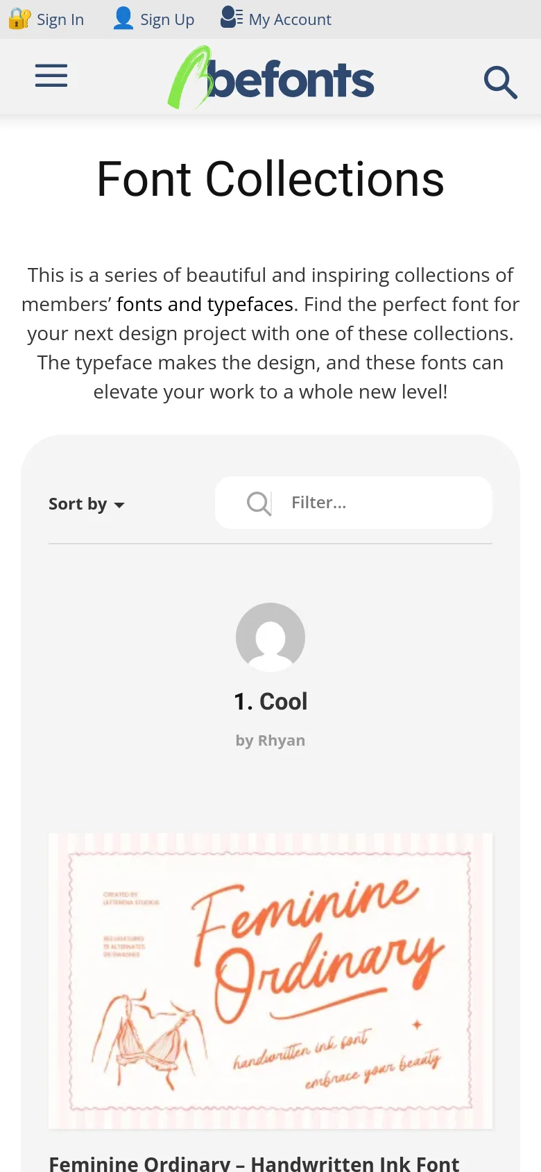 The mobile version presents a simplified vertical layout with a hamburger menu and search icon in the header. The 'Font Collections' headline and introductory text are centered, followed by a 'Sort by' dropdown and a search filter bar. The font collection content is stacked vertically, showing large preview images for each font within the collection.