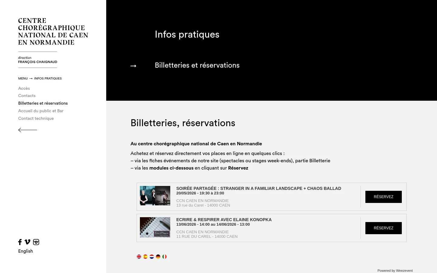 The desktop page features a clean, minimalist design with a black header containing white text for 'Infos pratiques' and 'Billetteries et réservations'. The main content area has a white background with black text, listing booking instructions and two event modules with thumbnail images and dark 'Réservez' buttons. A sidebar on the left displays the organization's logo, navigation menu, and social media icons.