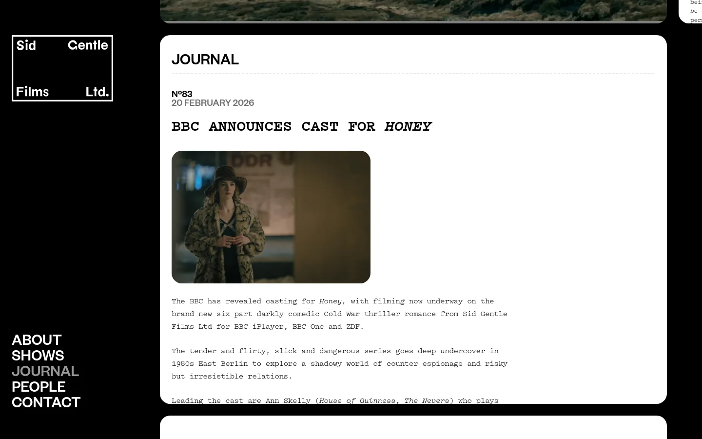 The desktop Journal page features a minimalist design with a black sidebar on the left containing the Sid Gentle Films logo and navigation links. The main content area is a white card displaying the headline 'BBC ANNOUNCES CAST FOR HONEY' above a cinematic image of a woman in a hat, followed by article text.