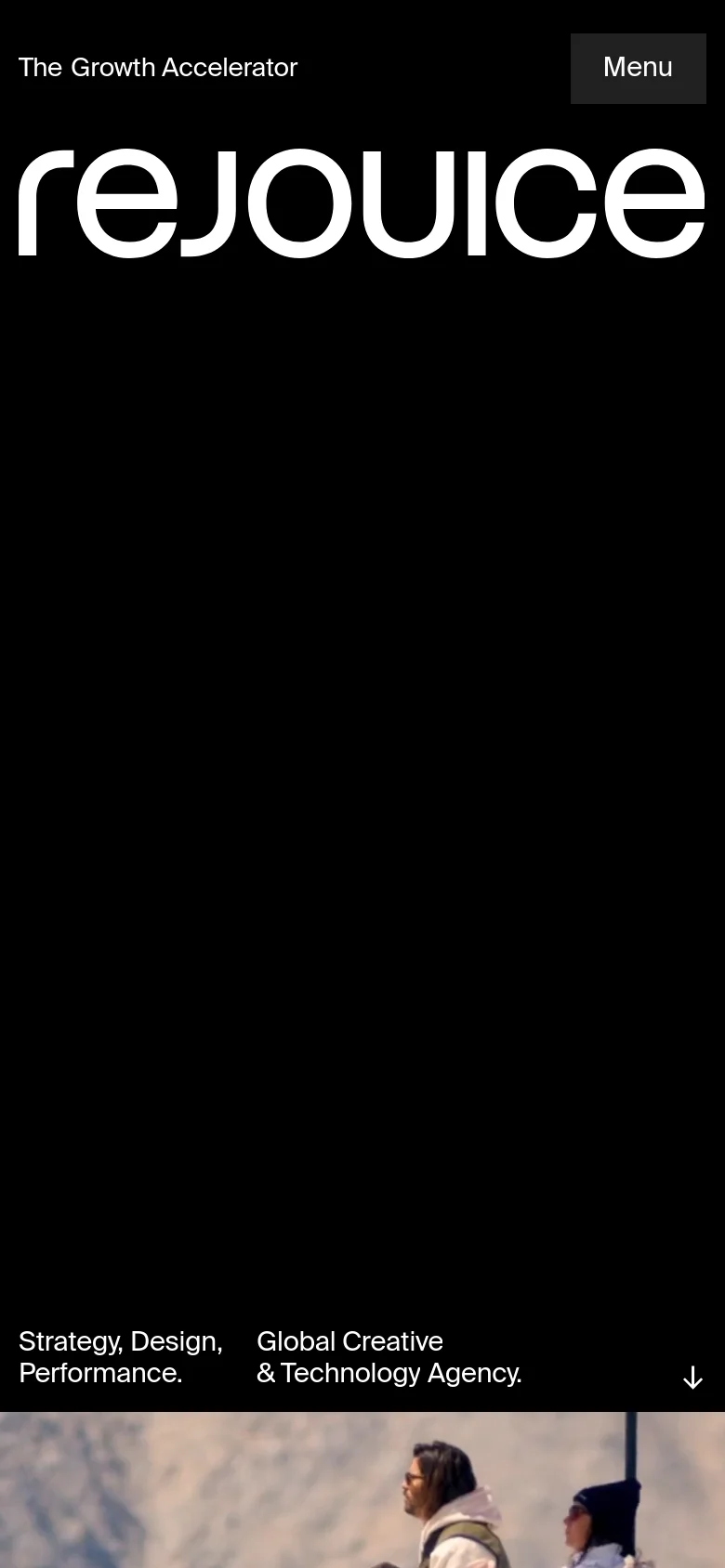 The mobile version maintains the dark theme and large white logo but simplifies the layout. The top navigation is replaced by a 'Menu' button, and the text elements are repositioned to fit a vertical orientation.