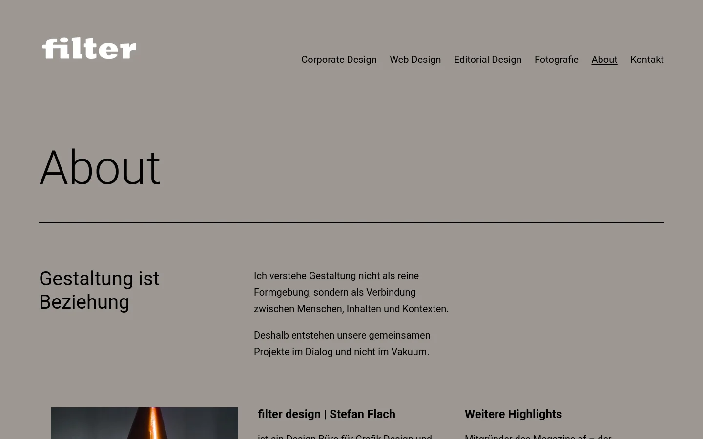 The desktop version features a minimalist gray background with a top navigation bar containing the 'filter' logo and links for Corporate Design, Web Design, Editorial Design, Fotografie, About, and Kontakt. A large 'About' headline is followed by a section titled 'Gestaltung ist Beziehung' with text on the left and a vertical portrait of Stefan Flach on the right.