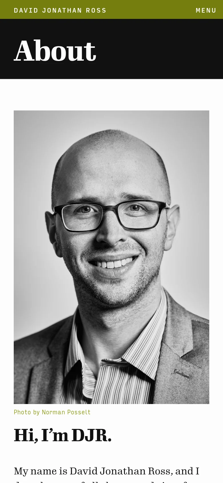 The mobile version maintains the black header with a large white 'About' title and a lime green bar containing a 'MENU' button. The content shifts to a single-column vertical stack, placing the black and white portrait above the biographical text and honors list.