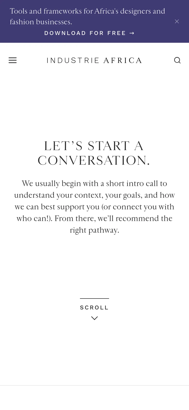 The mobile version presents a simplified layout with a hamburger menu icon on the left and a search icon on the right. The central content remains consistent with the desktop version, featuring the large 'LET’S START A CONVERSATION.' headline and descriptive text centered on a white background, optimized for vertical scrolling.