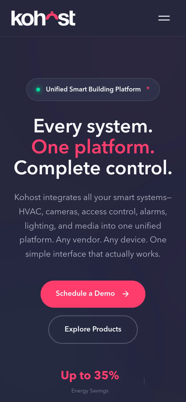 The mobile version presents a simplified vertical layout on a dark background, centering the large headline and descriptive text. The navigation menu is collapsed into a hamburger icon at the top right, and the primary 'Schedule a Demo' and 'Explore Products' buttons are stacked vertically for easier tapping.