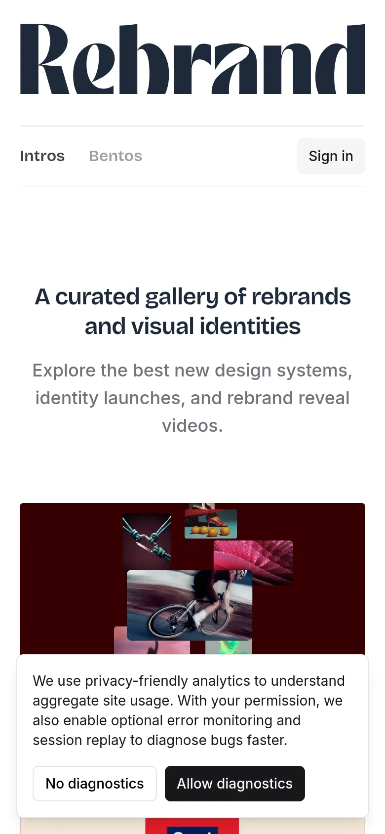 The mobile version simplifies the layout, featuring a smaller 'Rebrand' logo and a condensed navigation bar with 'Intros', 'Bentos', and 'Sign in'. The hero headline and subtext are centered, and the brand identity cards are stacked vertically in a single column for easier scrolling on a narrow screen.