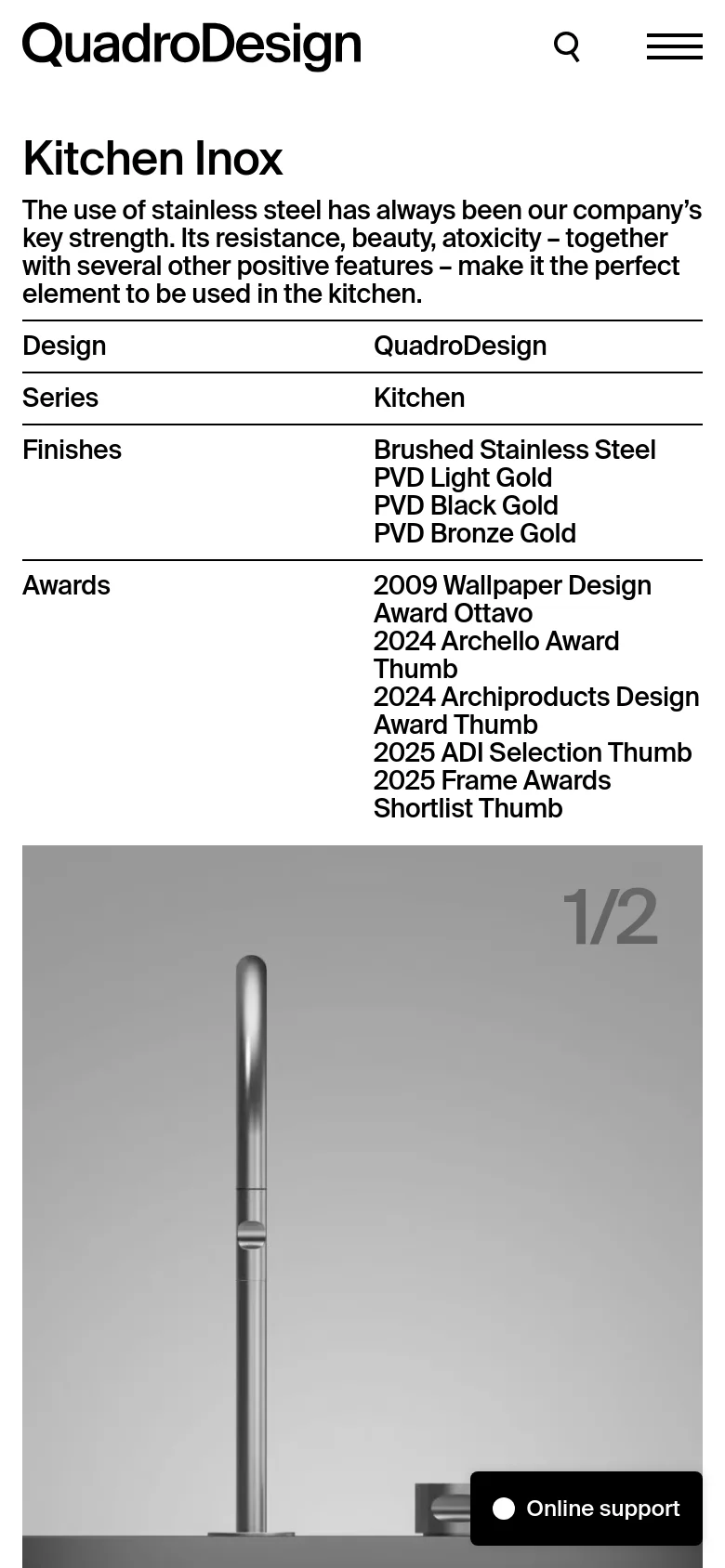 The mobile version presents a vertically stacked layout with the 'Kitchen Inox' headline and descriptive text at the top. Below the text, technical details like finishes and awards are listed in a single column, followed by a large, full-width image gallery showing close-ups of stainless steel kitchen mixers. A floating 'Online support' button is visible in the bottom right corner.