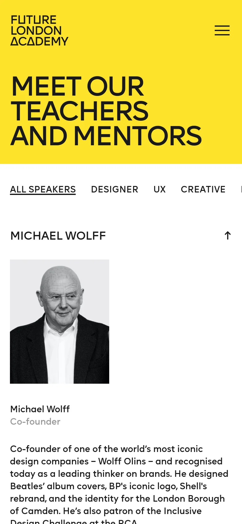 The mobile version uses a simplified layout with a yellow header containing the logo and a hamburger menu icon. The large headline is stacked vertically, and the filter categories are arranged in a horizontal scrolling list. The speaker profiles, including Michael Wolff's portrait and biography, are displayed in a single-column vertical stack.