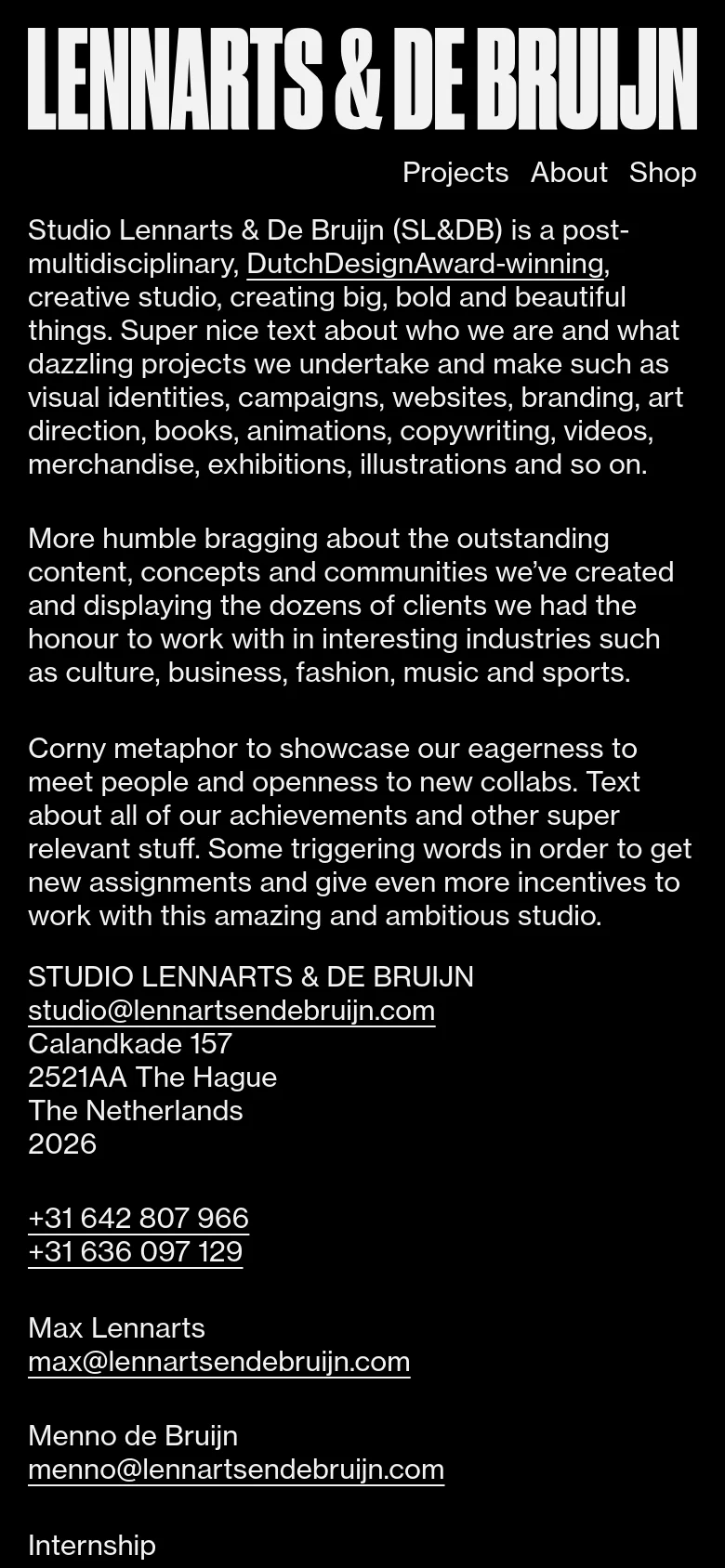 The mobile version stacks the content vertically, starting with the large bold studio name header. The descriptive text is followed by the contact details, including the address and email addresses, presented in a single-column format for easier scrolling on a smaller screen.