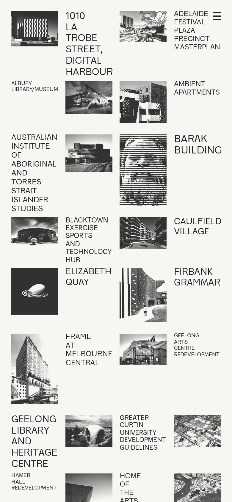 The mobile version simplifies the layout into a single-column vertical scroll. Project images are stacked on top of their respective titles and descriptions to fit the narrow screen, while the navigation menu is condensed into a hamburger icon at the top right.