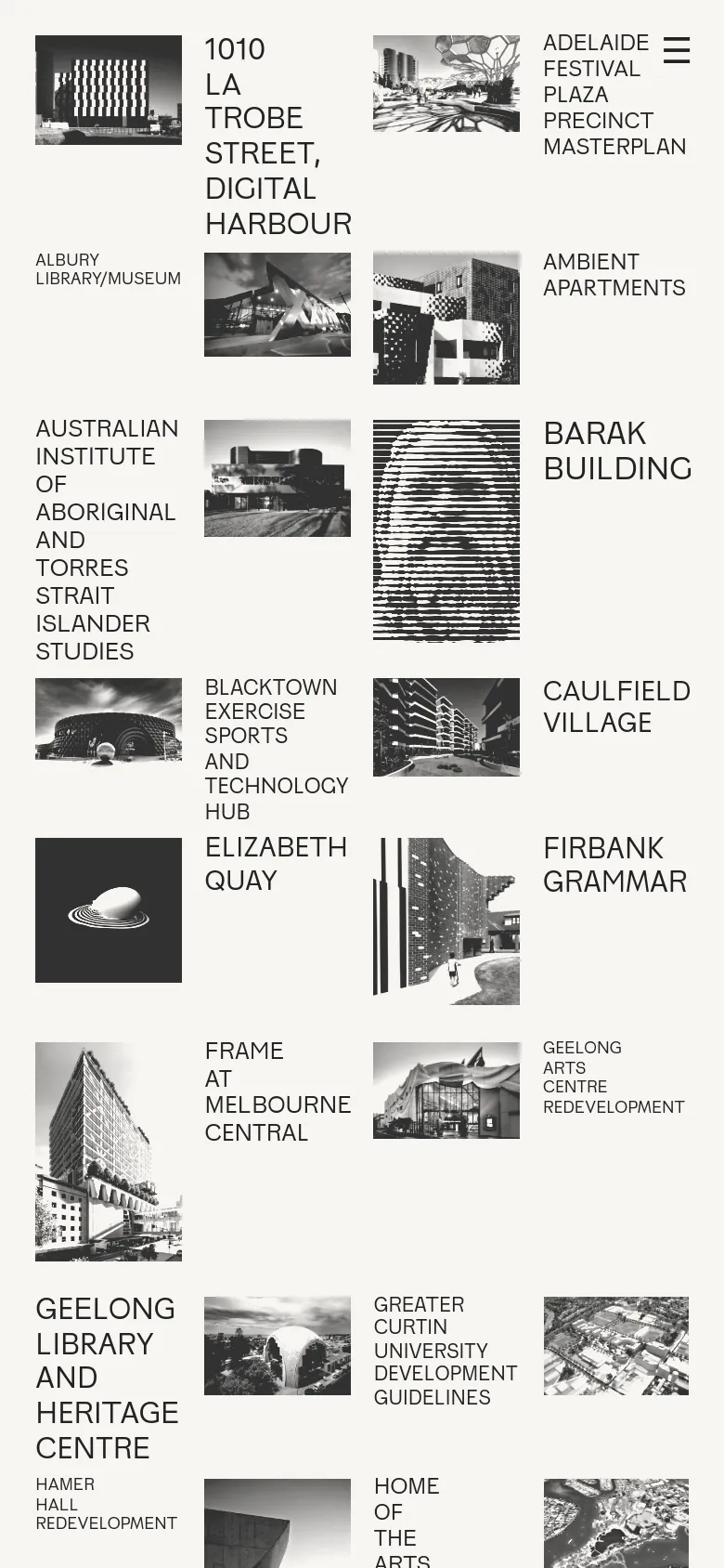 The mobile version simplifies the layout into a single-column vertical scroll. Project images are stacked on top of their respective titles and descriptions to fit the narrow screen, while the navigation menu is condensed into a hamburger icon at the top right.