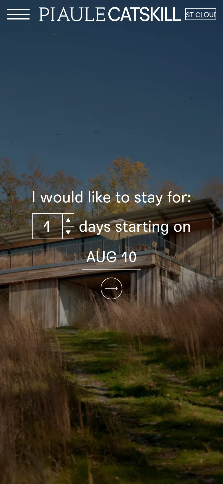 The mobile version displays a vertically oriented hero image of the cabin and surrounding landscape. The booking interface is centered and enlarged for touch interaction, featuring a large date selector and a prominent arrow button for proceeding.