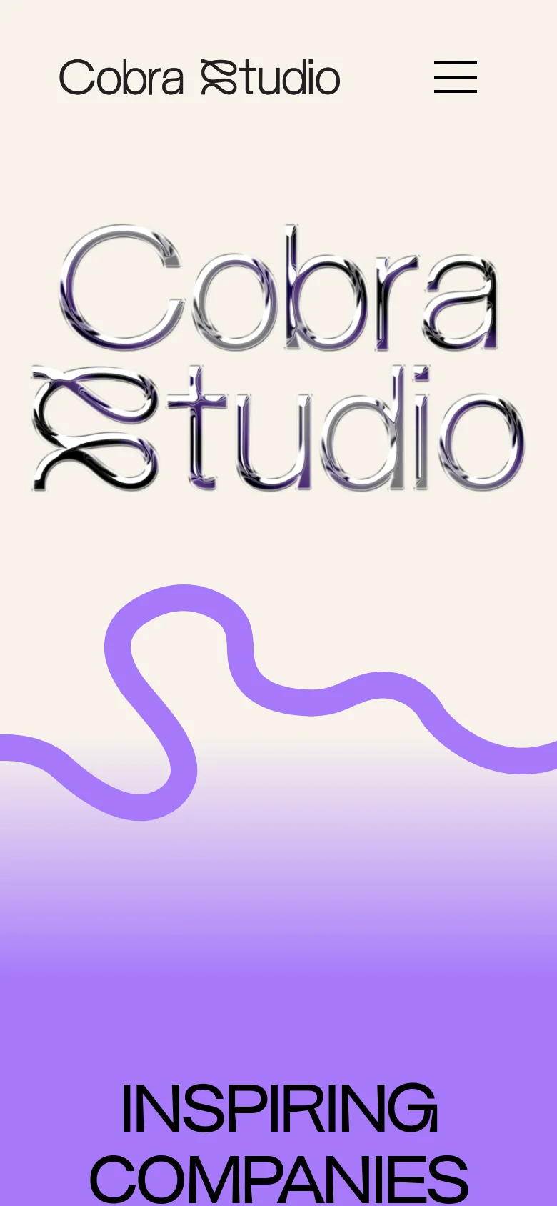 The mobile version maintains the cream background and large 3D chrome 'Cobra Studio' logo. The desktop navigation menu is replaced by a black hamburger menu icon in the top right, and the content is stacked vertically, beginning with the large 'INSPIRING COMPANIES' headline over a purple gradient background.