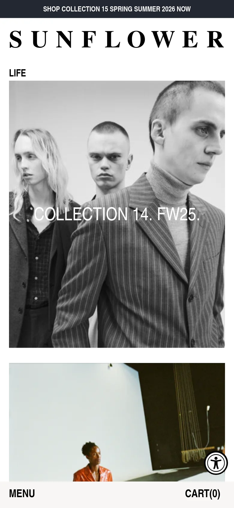 The mobile version simplifies the layout into a single-column vertical scroll, focusing on large, full-width editorial images of clothing collections. The navigation is condensed into a 'MENU' label at the bottom left, and the 'CART(0)' link is at the bottom right, maintaining the brand's clean, high-contrast aesthetic.