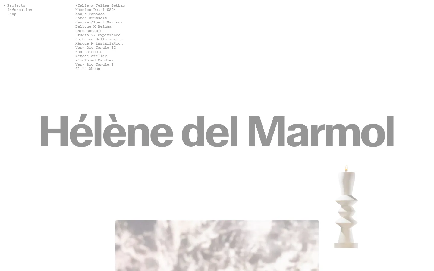 Hélène del Marmol portfolio homepage featuring a minimalist editorial design. Large, bold sans-serif typography displays the brand name above a vertical list of project links and a grid of high-fashion imagery. The layout uses a neutral off-white palette with plenty of whitespace.