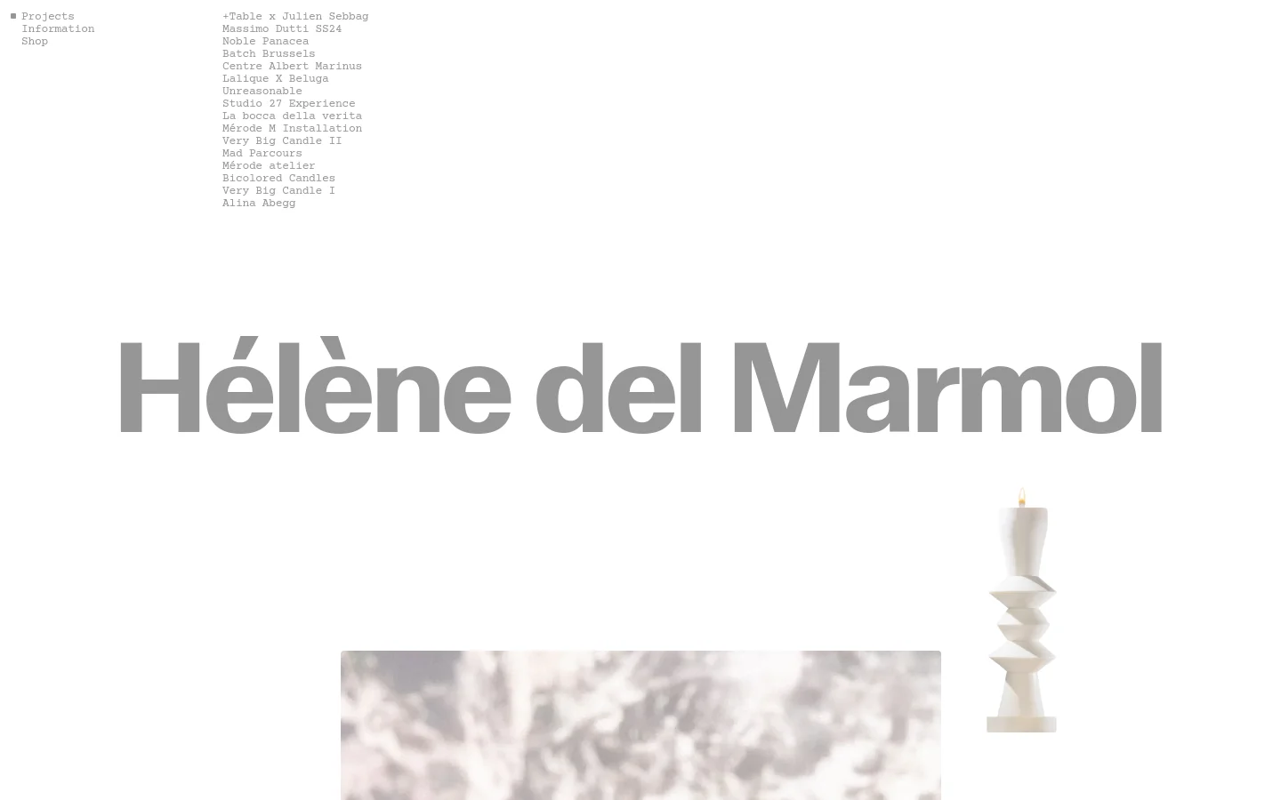 Hélène del Marmol portfolio homepage featuring a minimalist editorial design. Large, bold sans-serif typography displays the brand name above a vertical list of project links and a grid of high-fashion imagery. The layout uses a neutral off-white palette with plenty of whitespace.