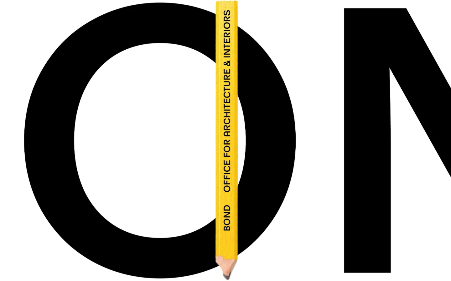 The desktop homepage features a minimalist design with a white background and bold black typography. A large, stylized black letter 'O' is partially obscured by a vertical yellow pencil that has the text 'BOND OFFICE FOR ARCHITECTURE & INTERIORS' printed on it.