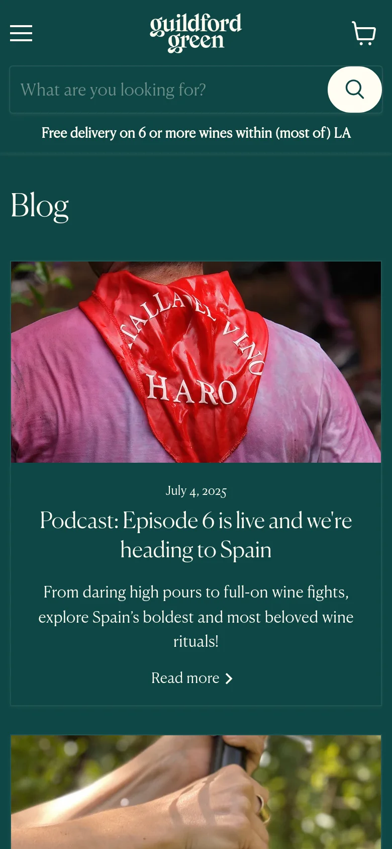 The mobile version displays a single-column vertical layout for the blog posts. The header is condensed with a hamburger menu, the logo, and a shopping cart icon, while the search bar and delivery notice span the full width of the screen.