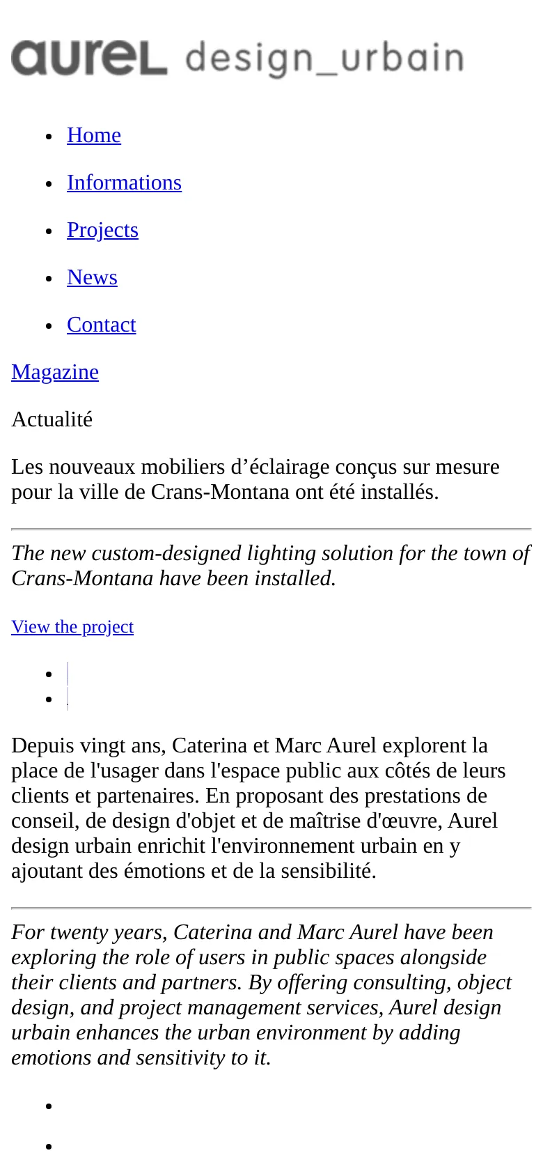 The mobile version presents a simplified vertical layout with the logo centered at the top and a stacked navigation menu. The news section and introductory text are rearranged into a single column for easier scrolling, maintaining the clean, white-and-grey aesthetic of the desktop site.