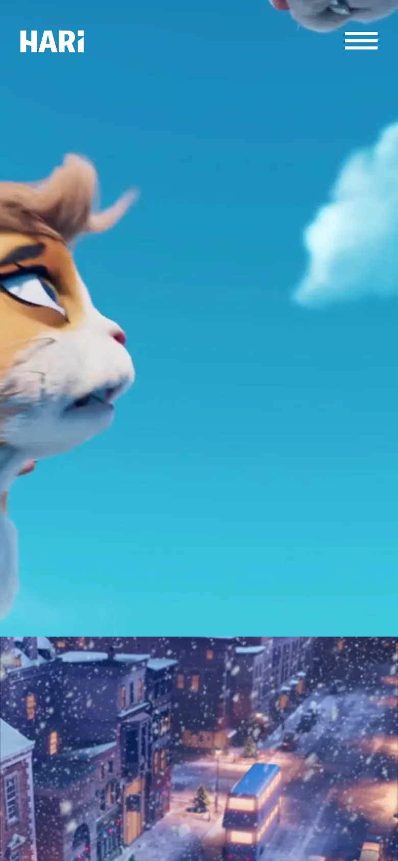 The mobile version simplifies the layout, replacing the top navigation bar with a hamburger menu icon next to the 'HARI' logo. The hero image remains a full-width vertical visual of the animated character, and the production tiles are stacked vertically for easier scrolling on a smaller screen.