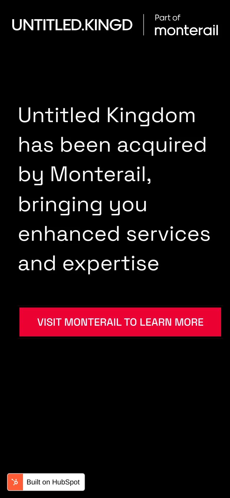 The mobile version features a simplified vertical layout on a black background. The logo and acquisition headline are stacked centrally, with the red 'VISIT MONTERAIL TO LEARN MORE' button spanning the width of the screen below the text. The geometric patterns from the desktop version are removed to focus on the text and button.